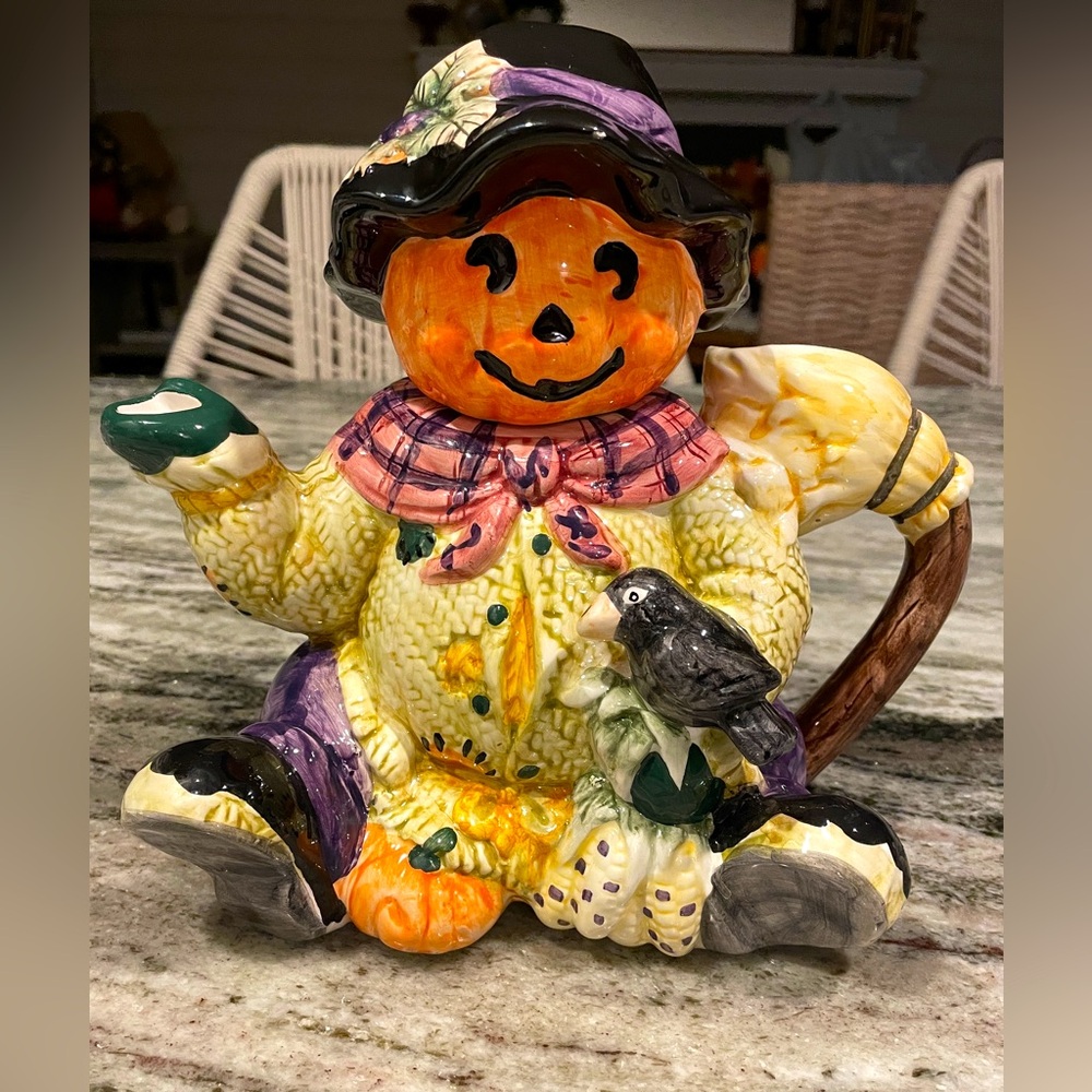 Hand Painted Halloween Pumpkin Scarecrow Teapot